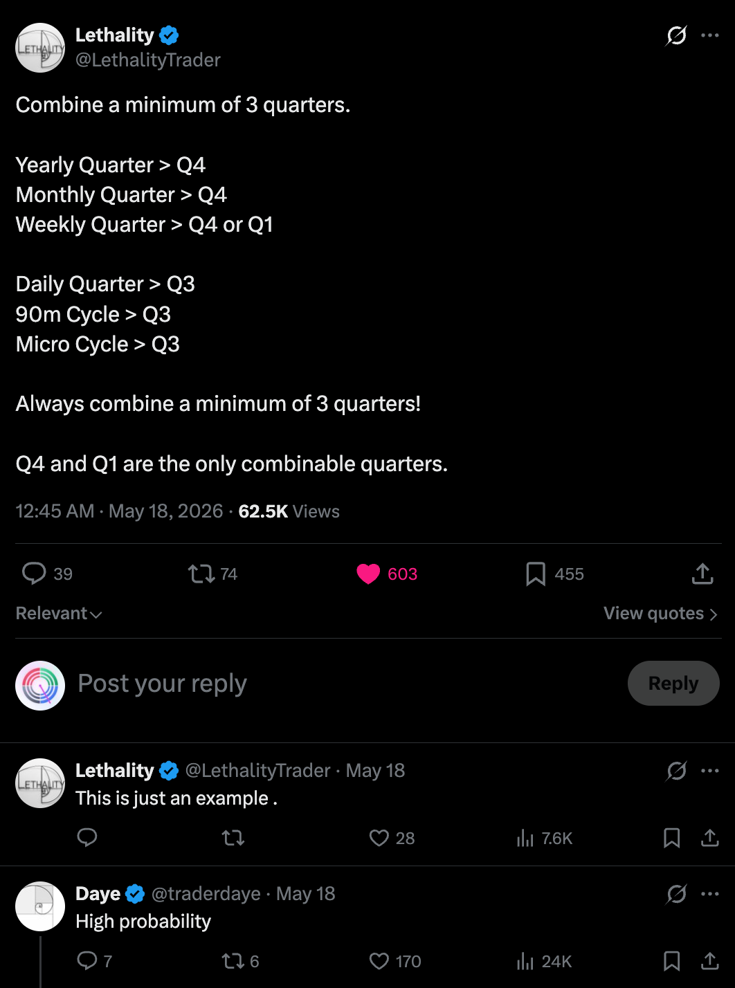 Lethality's post: 'Combine a minimum of 3 quarters — Yearly Q4, Monthly Q4, Weekly Q4 or Q1, Daily Q3, 90m Q3, Micro Q3. Q4 and Q1 are the only combinable quarters.' Daye replies: 'High probability.'
